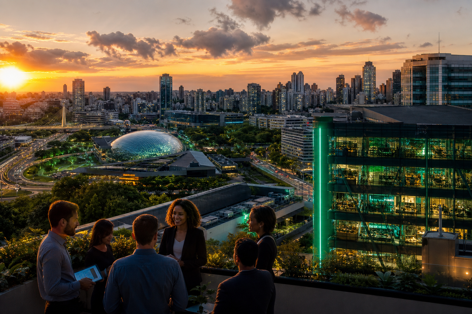 Ecossistema urbano de inovação e tecnologia ao pôr do sol